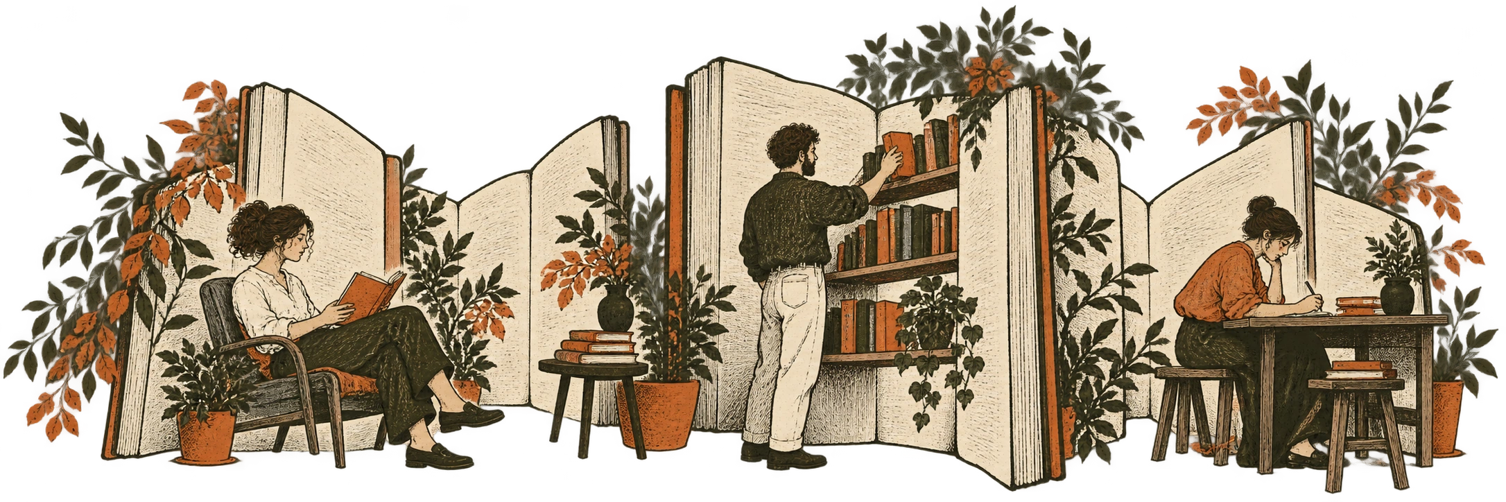 Three readers among open book-page walls: reading, tending a shelf and making a note.