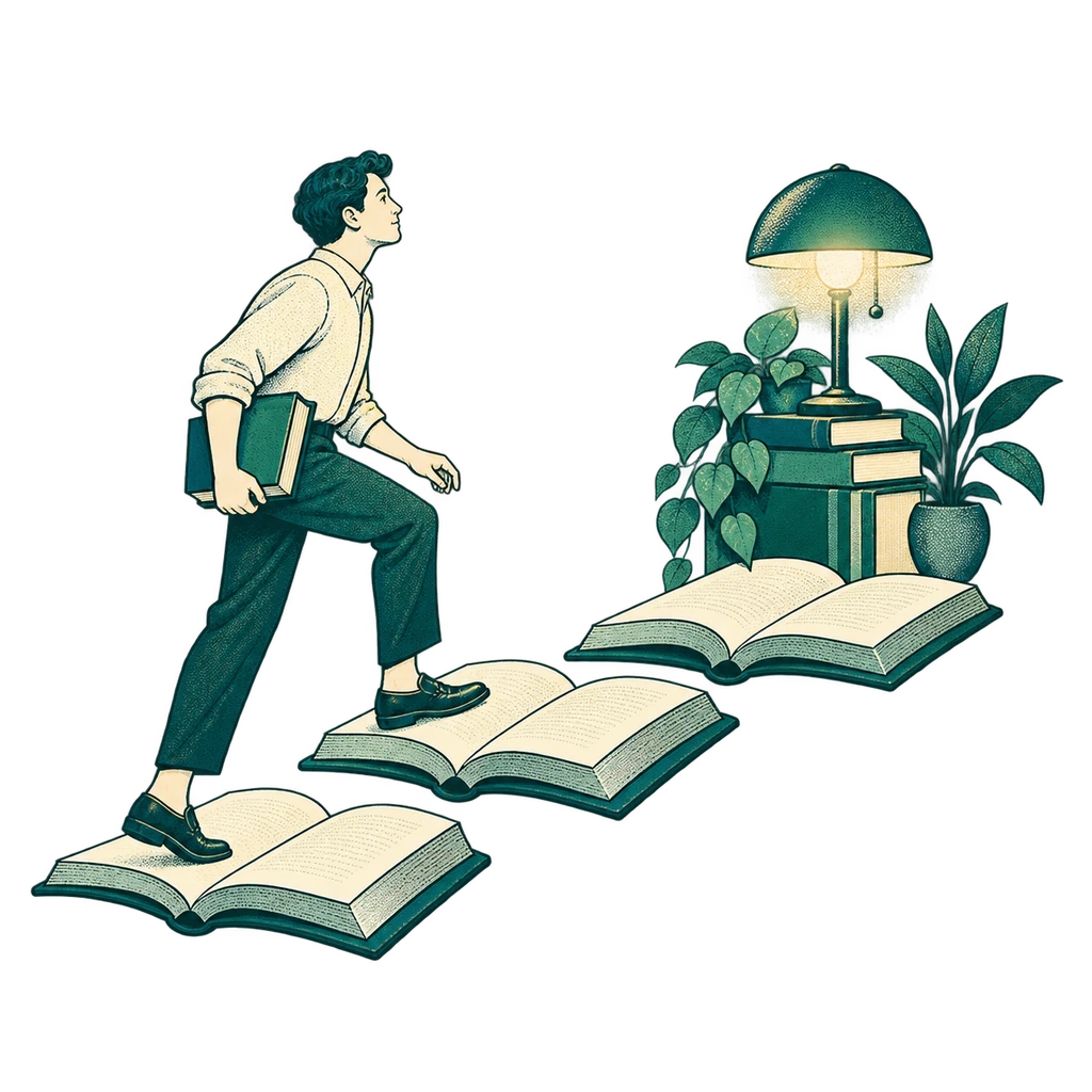 An illustrated reader crossing a path of open books toward a warm reading lamp.